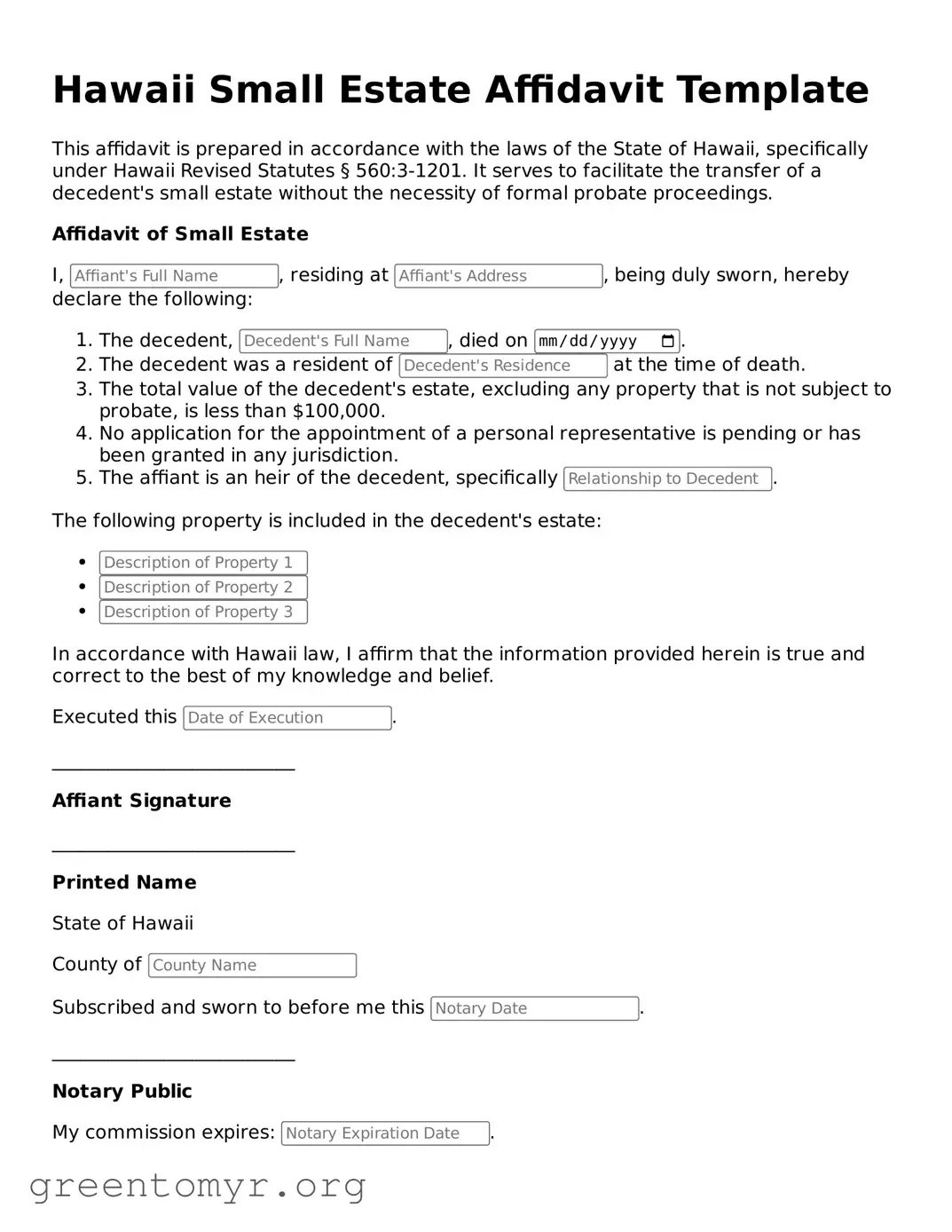 Small Estate Affidavit Form for the State of Hawaii