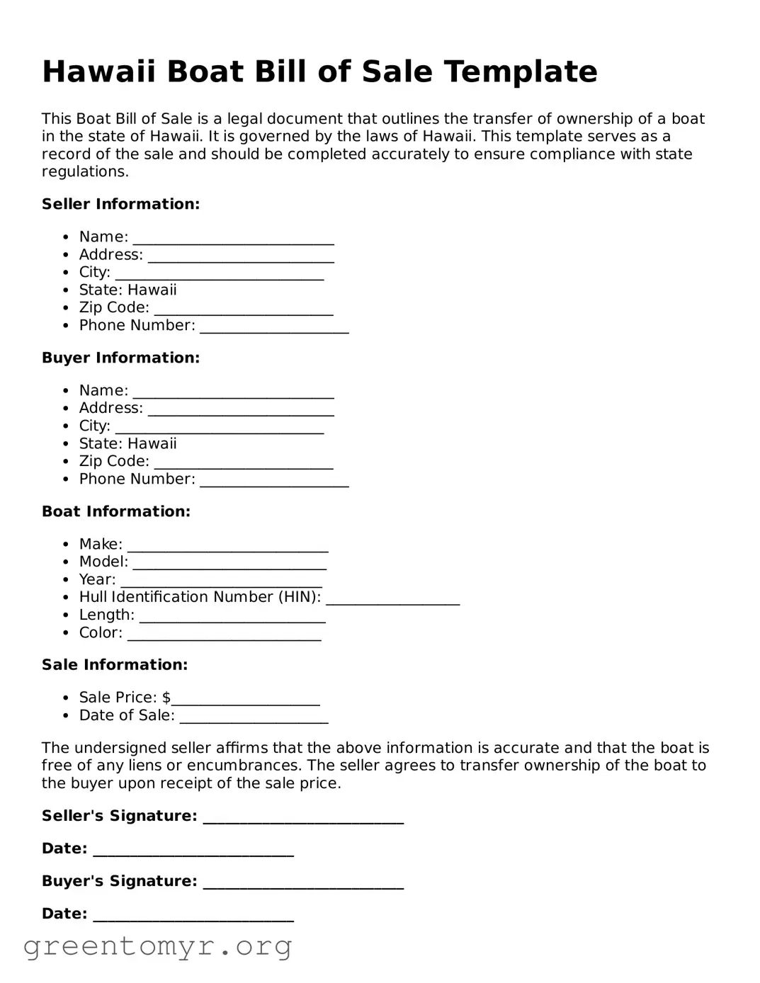 Boat Bill of Sale Form for the State of Hawaii