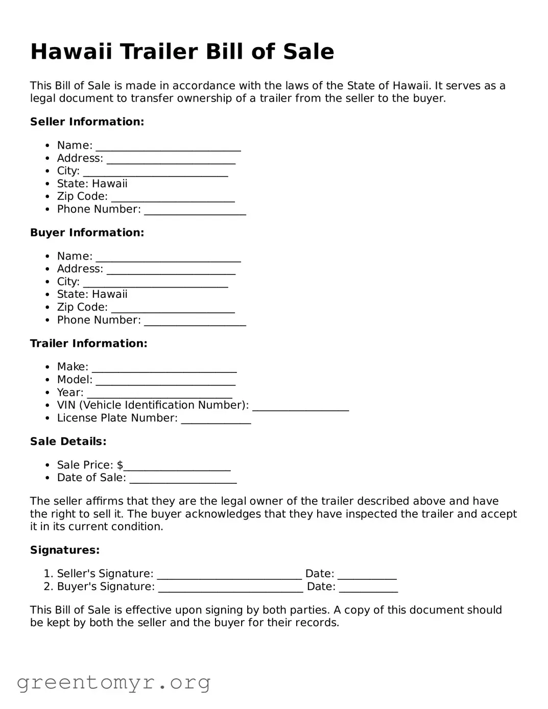 Trailer Bill of Sale Form for the State of Hawaii