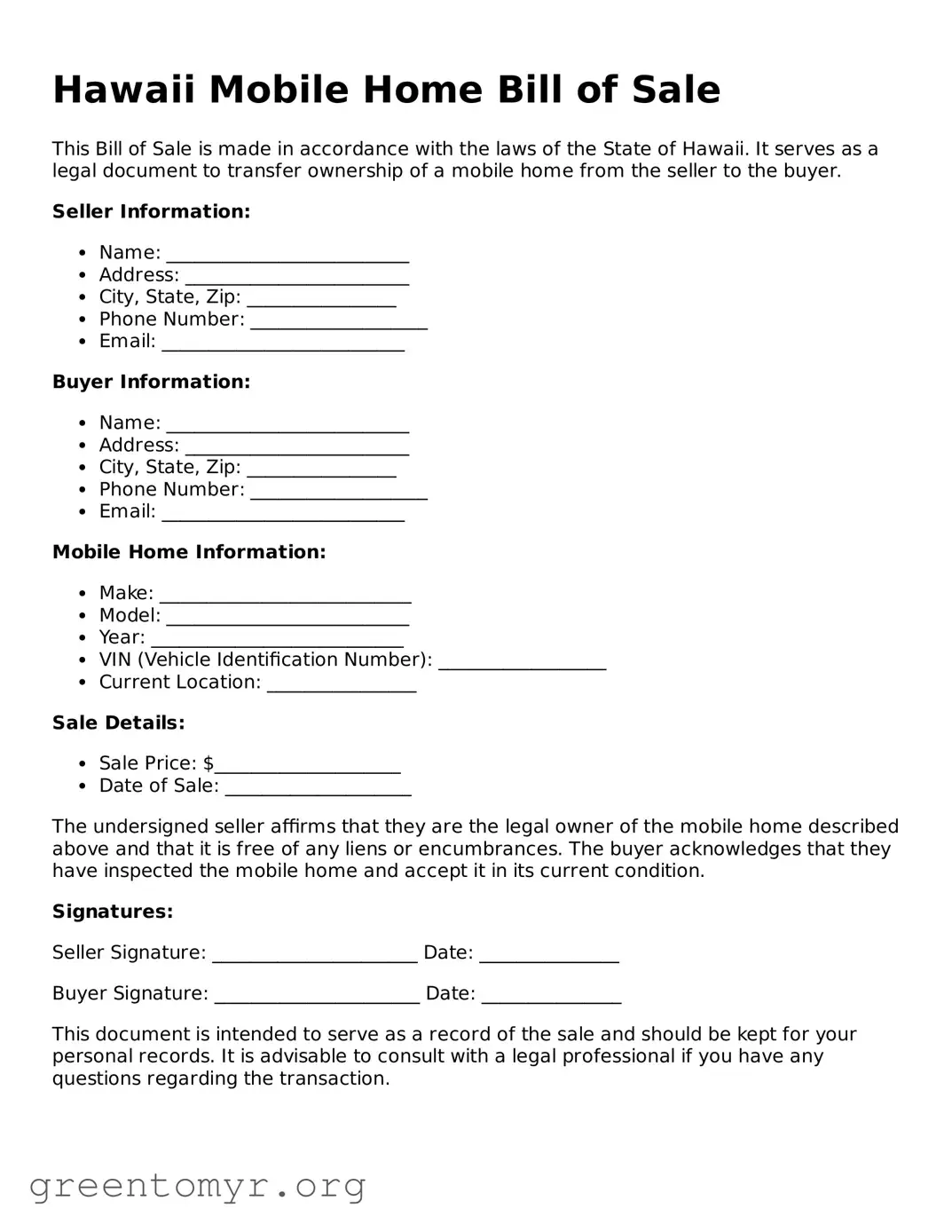 Mobile Home Bill of Sale Form for the State of Hawaii