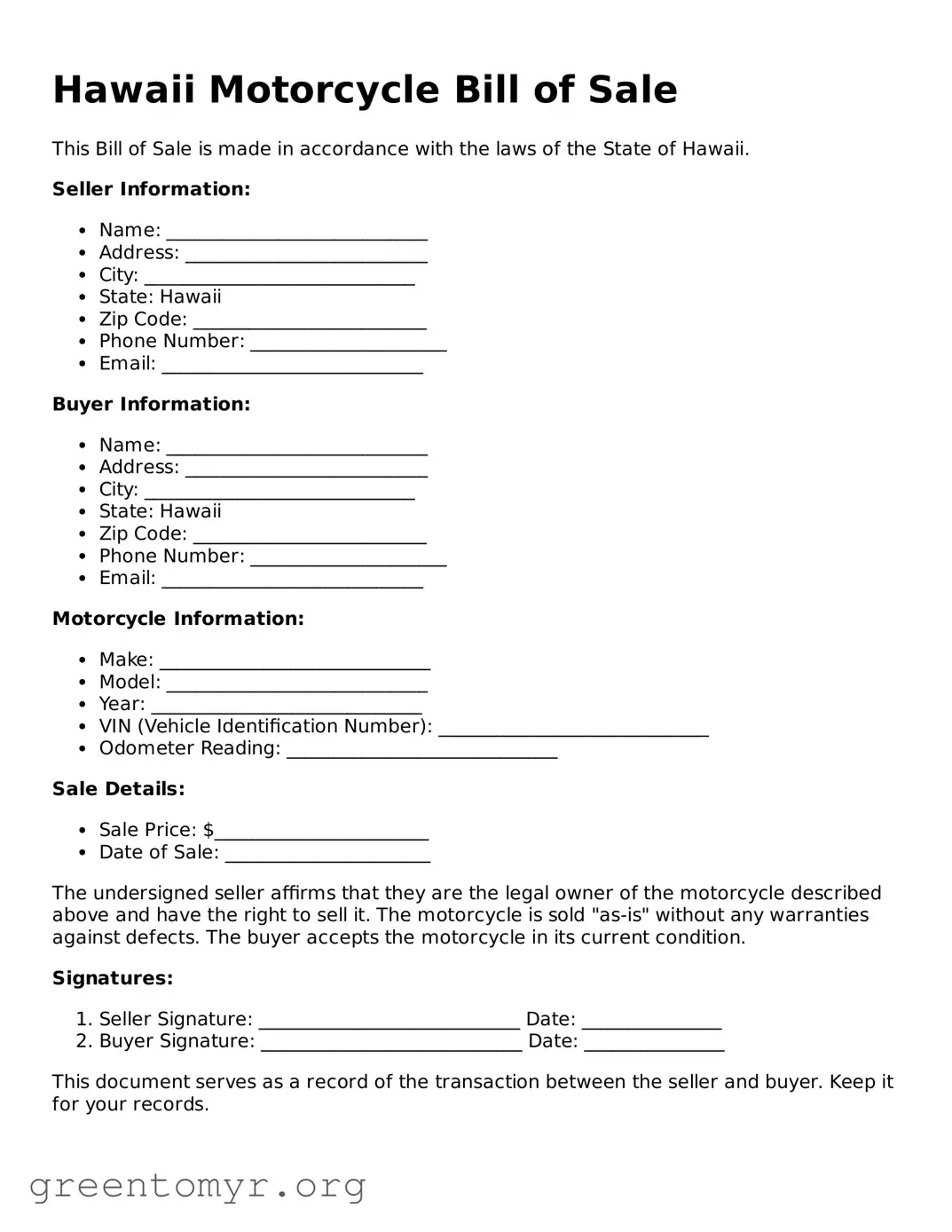 Motorcycle Bill of Sale Form for the State of Hawaii