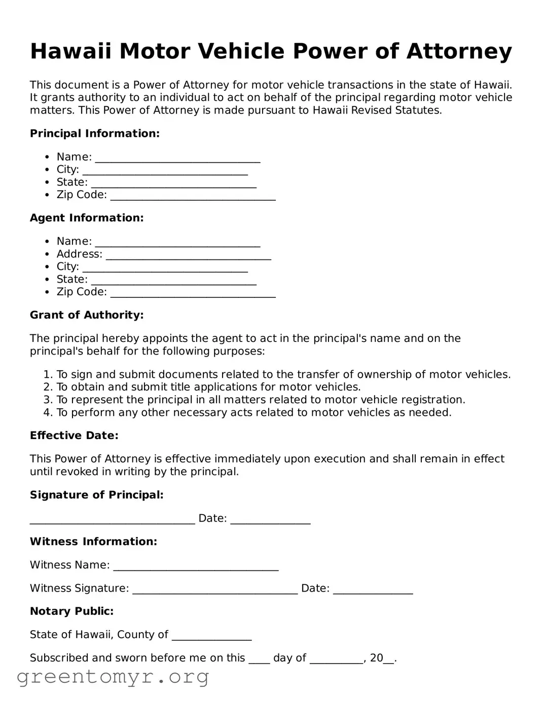 Motor Vehicle Power of Attorney Form for the State of Hawaii