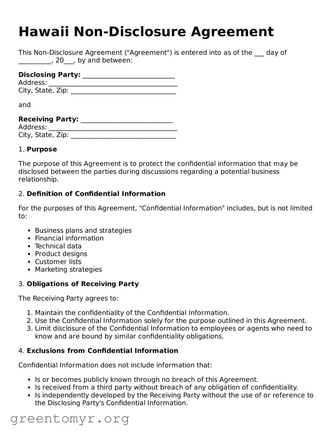 Non-disclosure Agreement Form for the State of Hawaii