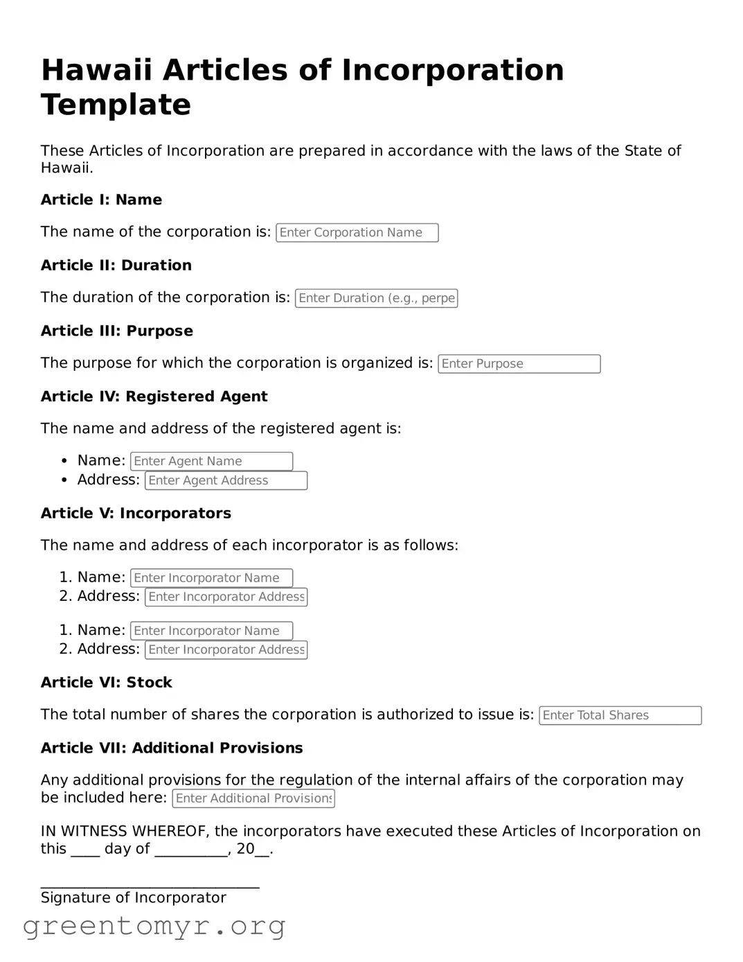 Articles of Incorporation Form for the State of Hawaii