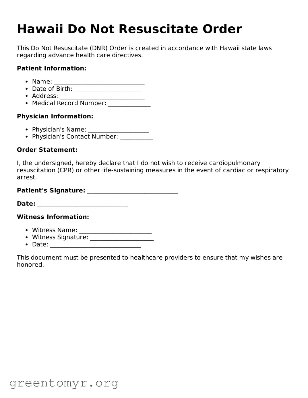 Do Not Resuscitate Order Form for the State of Hawaii