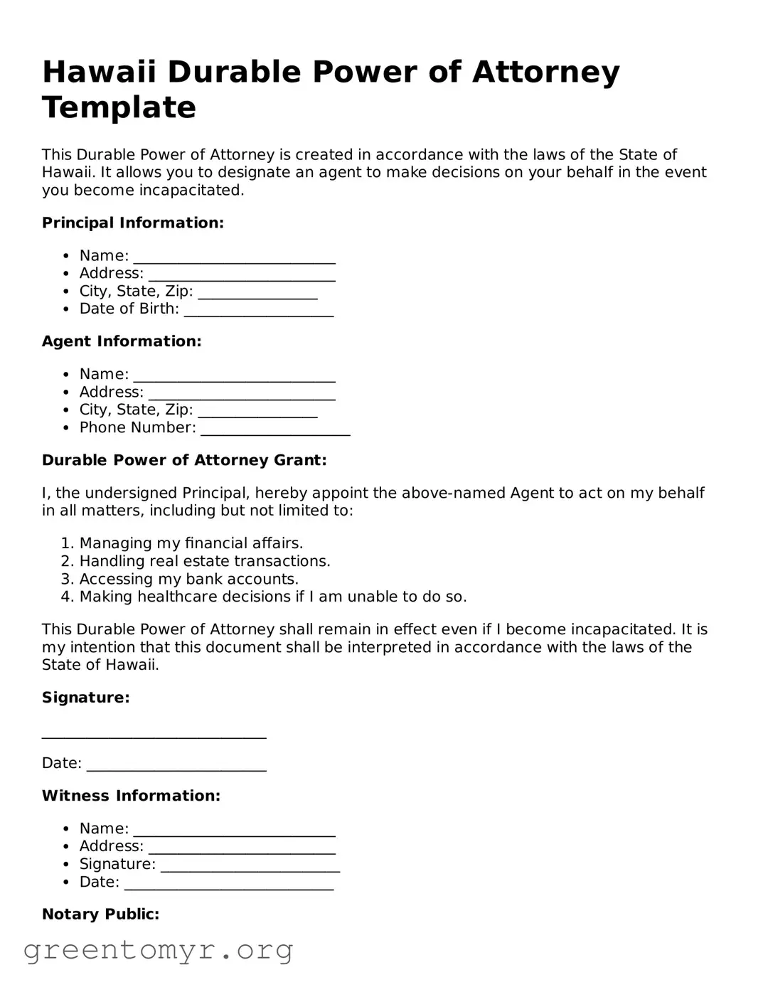 Durable Power of Attorney Form for the State of Hawaii