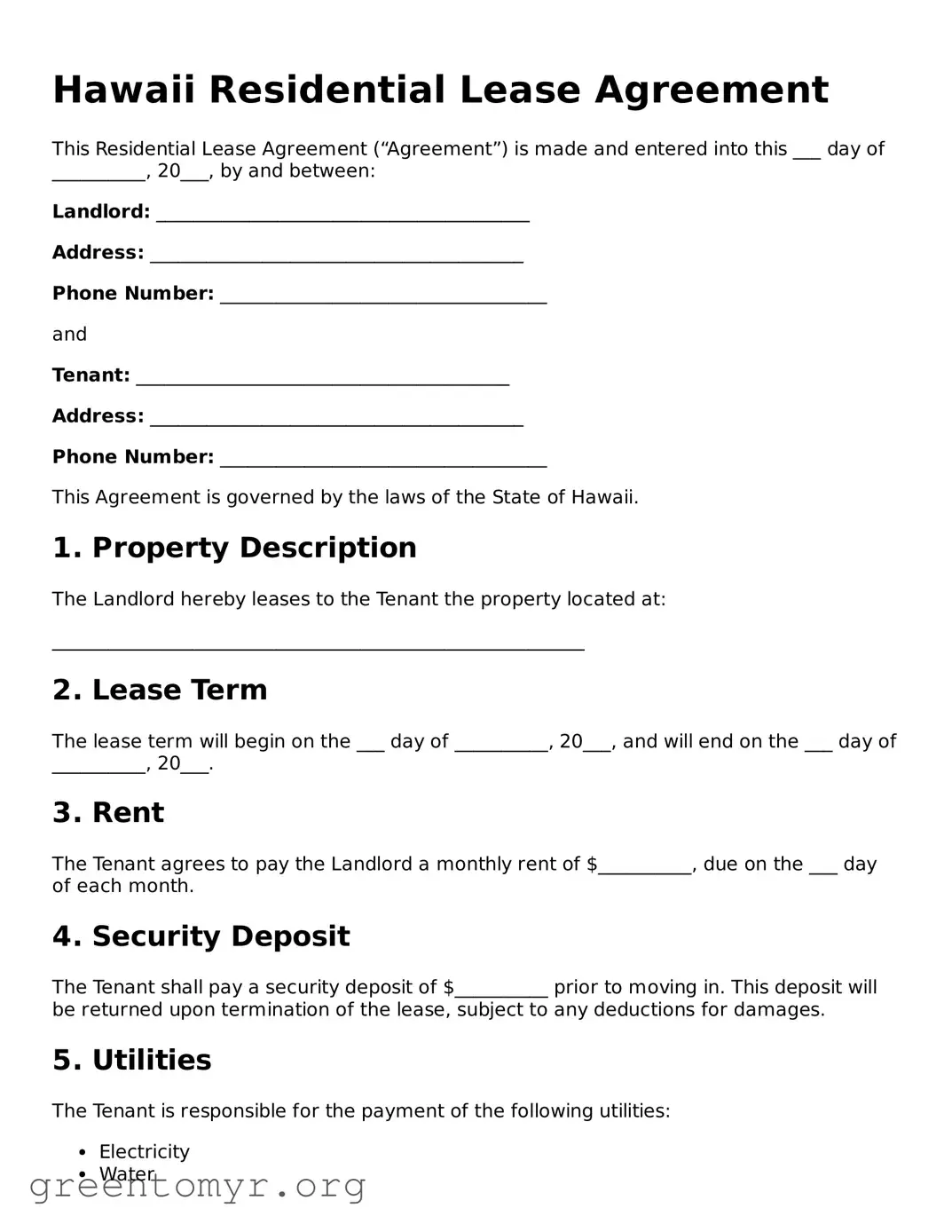 Residential Lease Agreement Form for the State of Hawaii