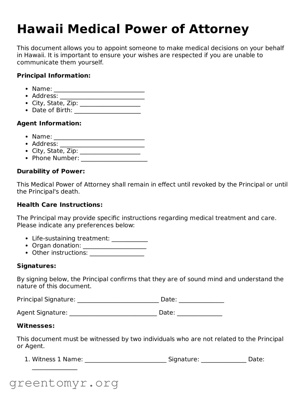 Medical Power of Attorney Form for the State of Hawaii