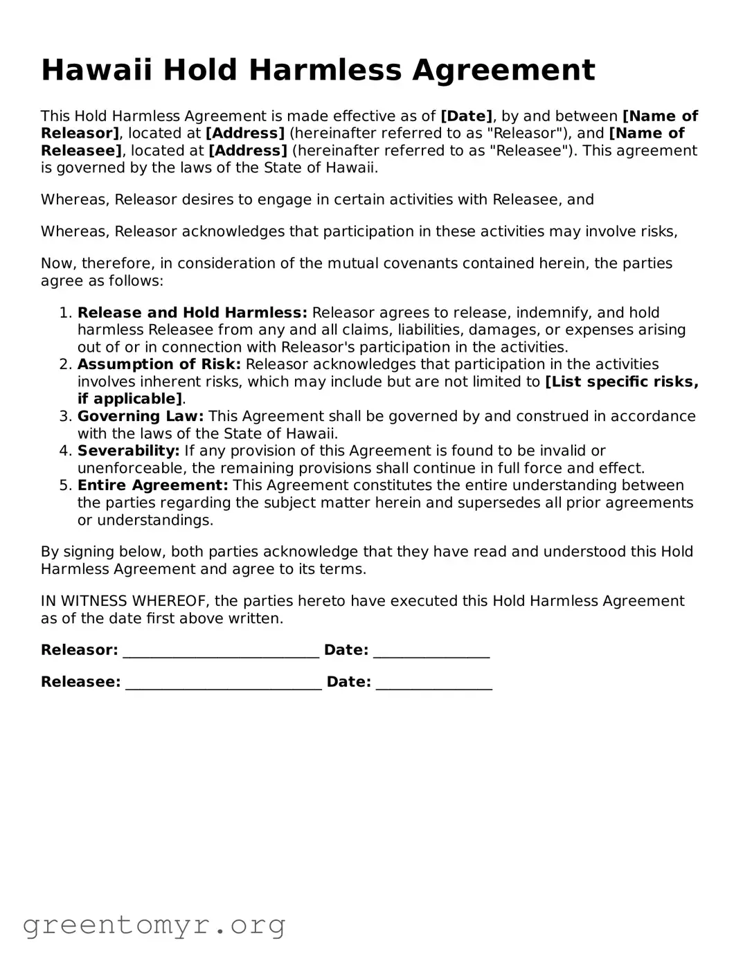Hold Harmless Agreement Form for the State of Hawaii