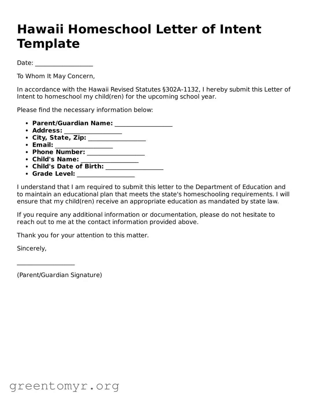 Homeschool Letter of Intent Form for the State of Hawaii