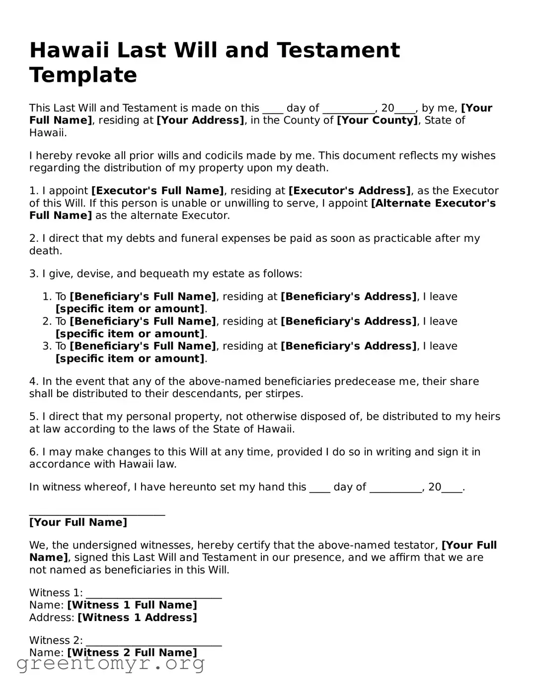 Last Will and Testament Form for the State of Hawaii