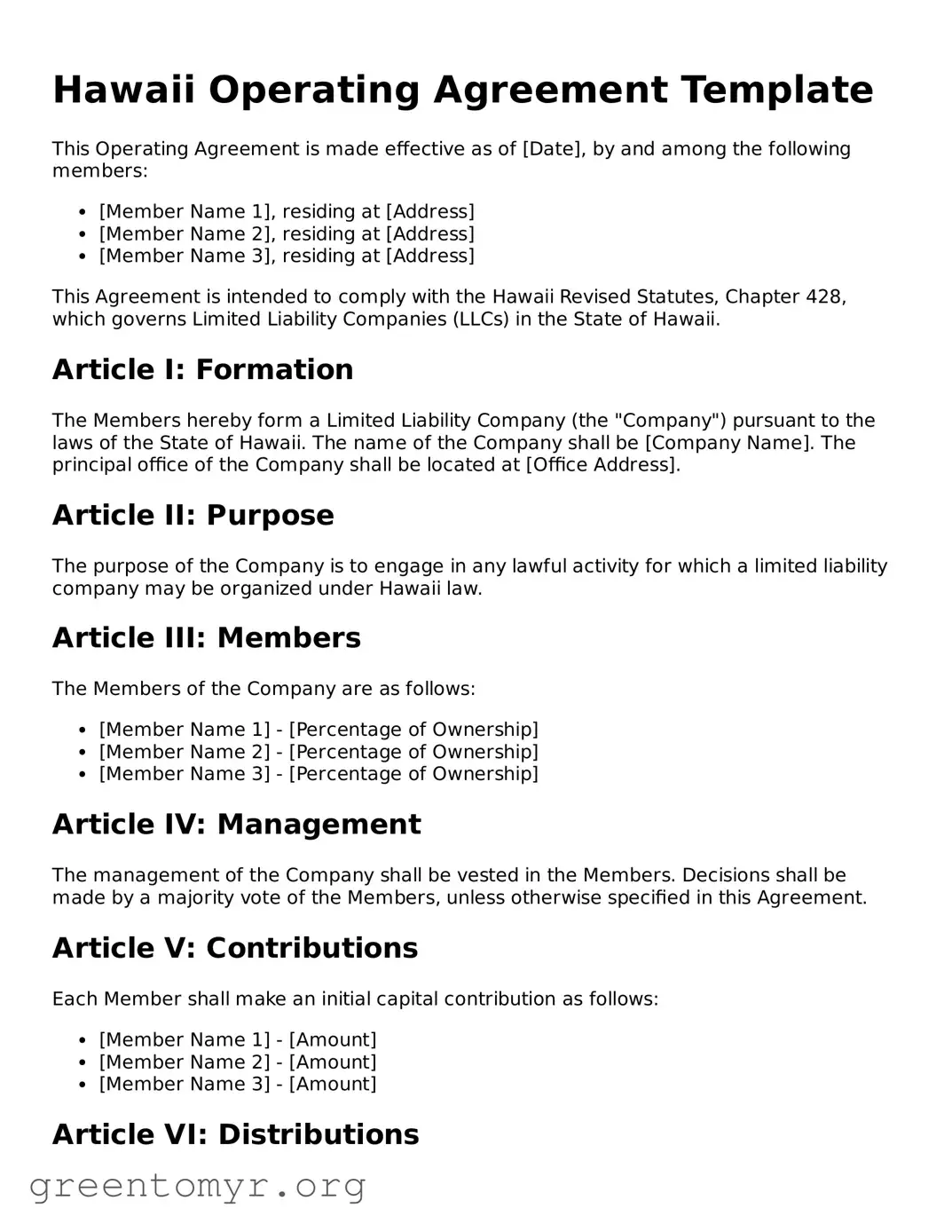Operating Agreement Form for the State of Hawaii
