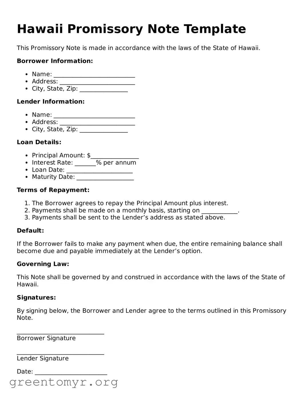 Promissory Note Form for the State of Hawaii