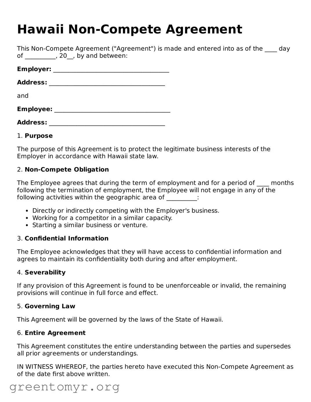 Non-compete Agreement Form for the State of Hawaii
