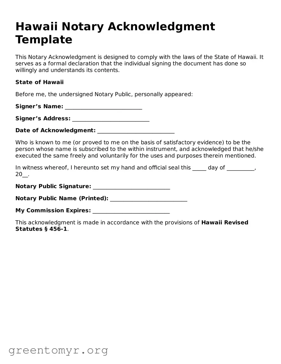 Notary Acknowledgement Form for the State of Hawaii