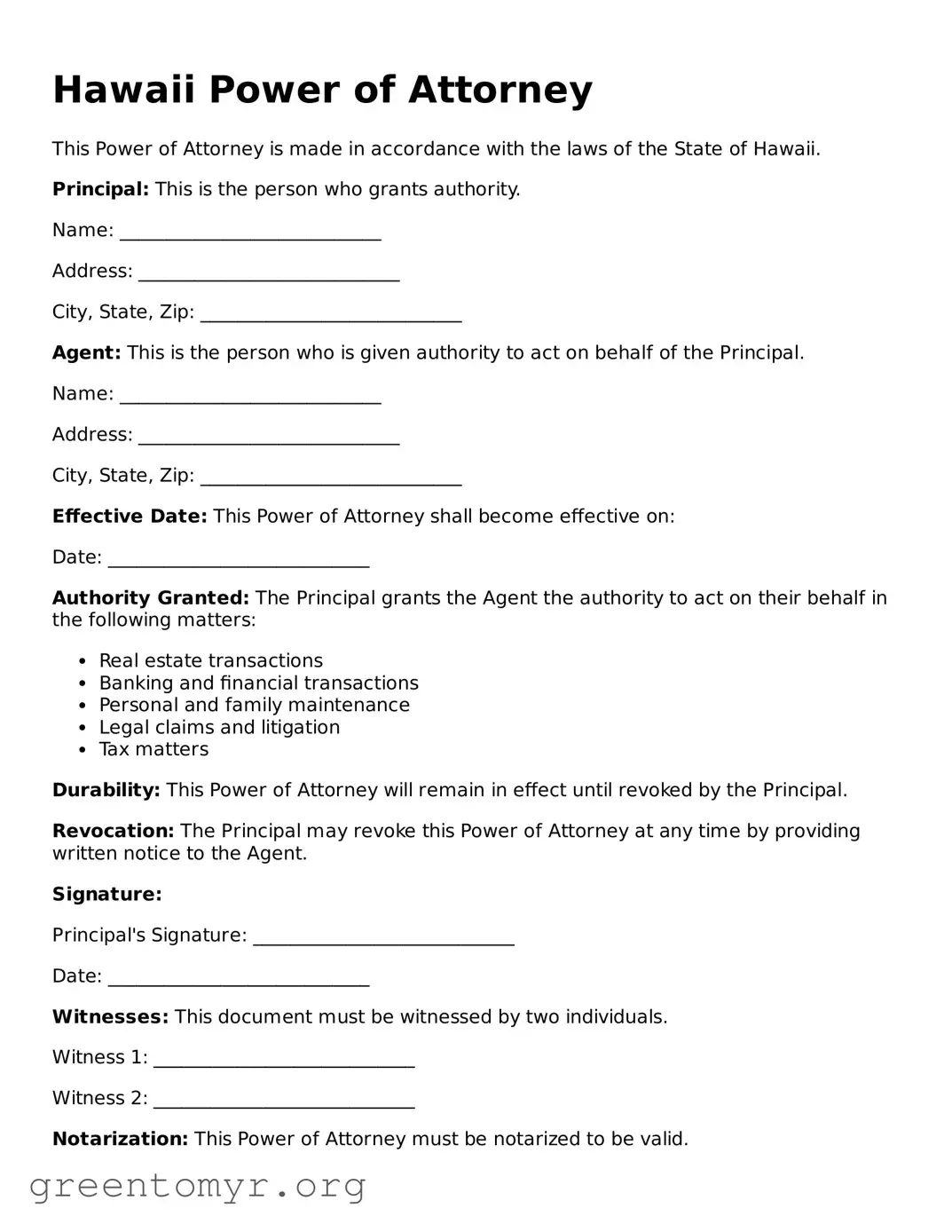Power of Attorney Form for the State of Hawaii