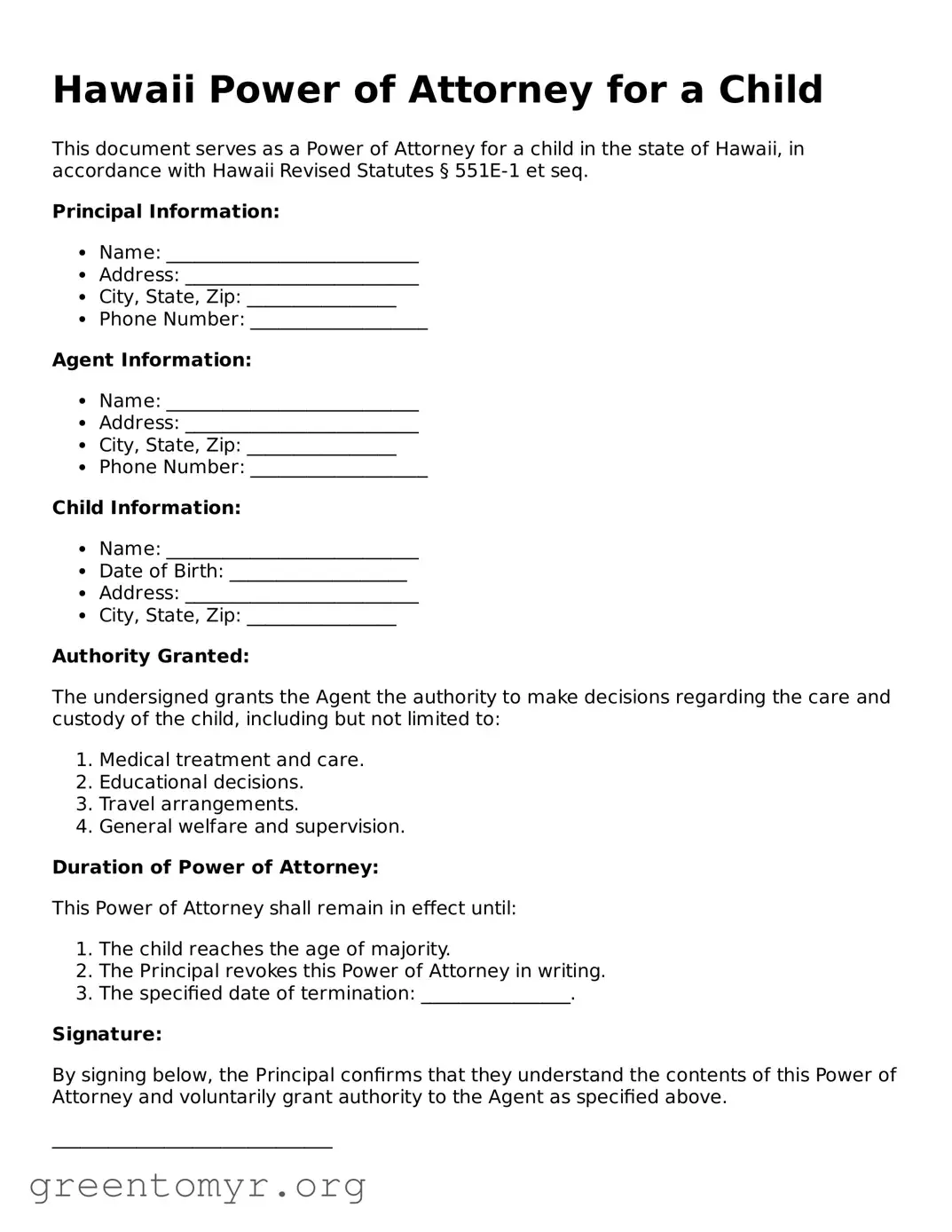 Power of Attorney for a Child Form for the State of Hawaii