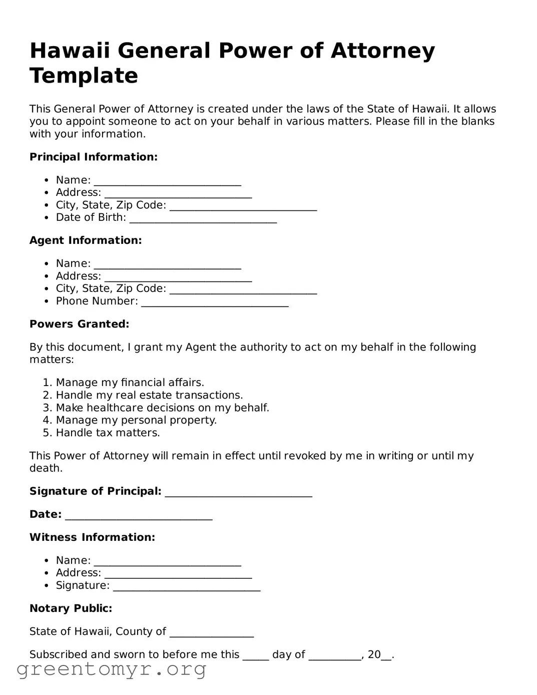 General Power of Attorney Form for the State of Hawaii