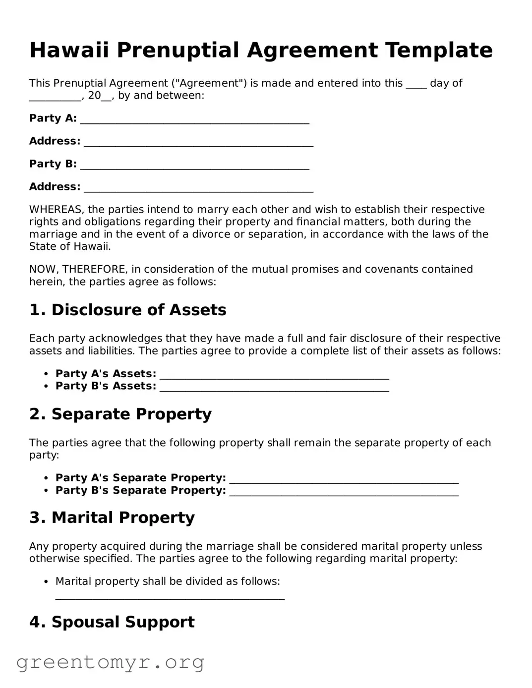 Prenuptial Agreement Form for the State of Hawaii
