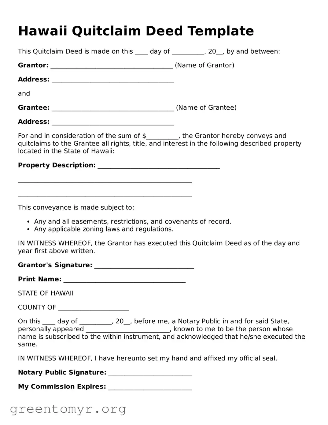 Quitclaim Deed Form for the State of Hawaii