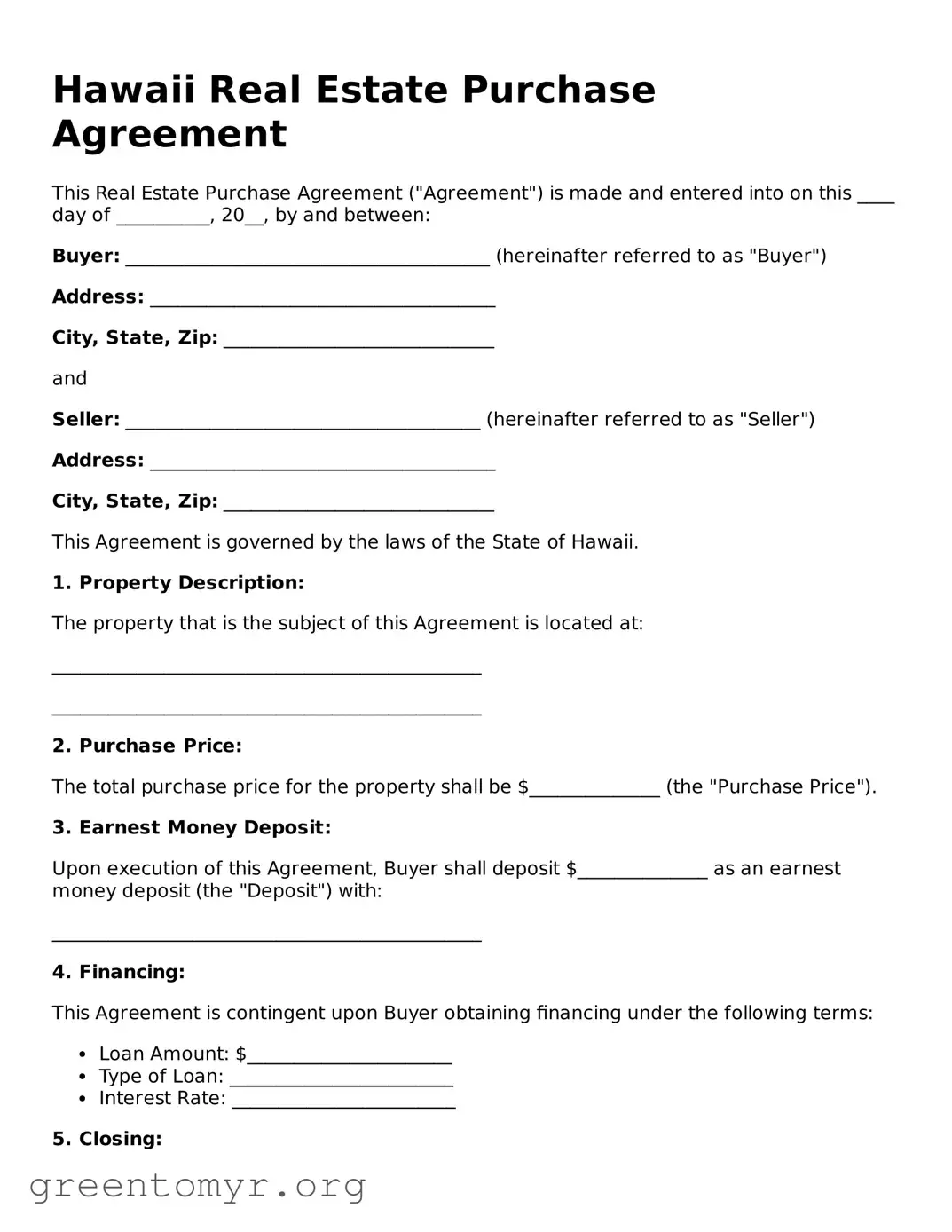 Real Estate Purchase Agreement Form for the State of Hawaii