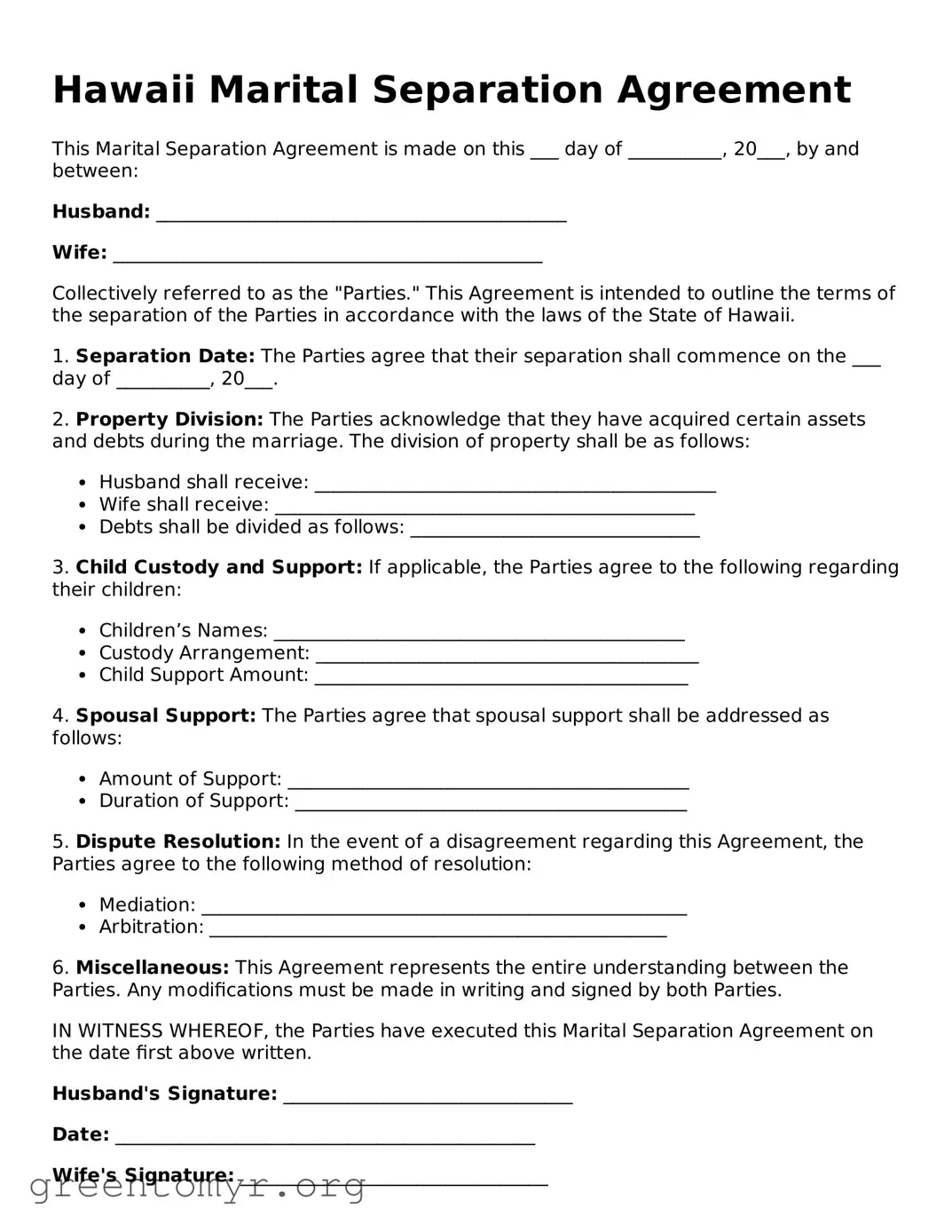 Marital Separation Agreement Form for the State of Hawaii