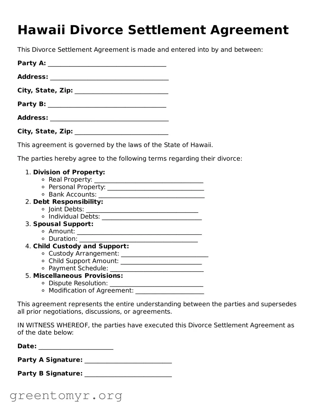 Divorce Settlement Agreement Form for the State of Hawaii