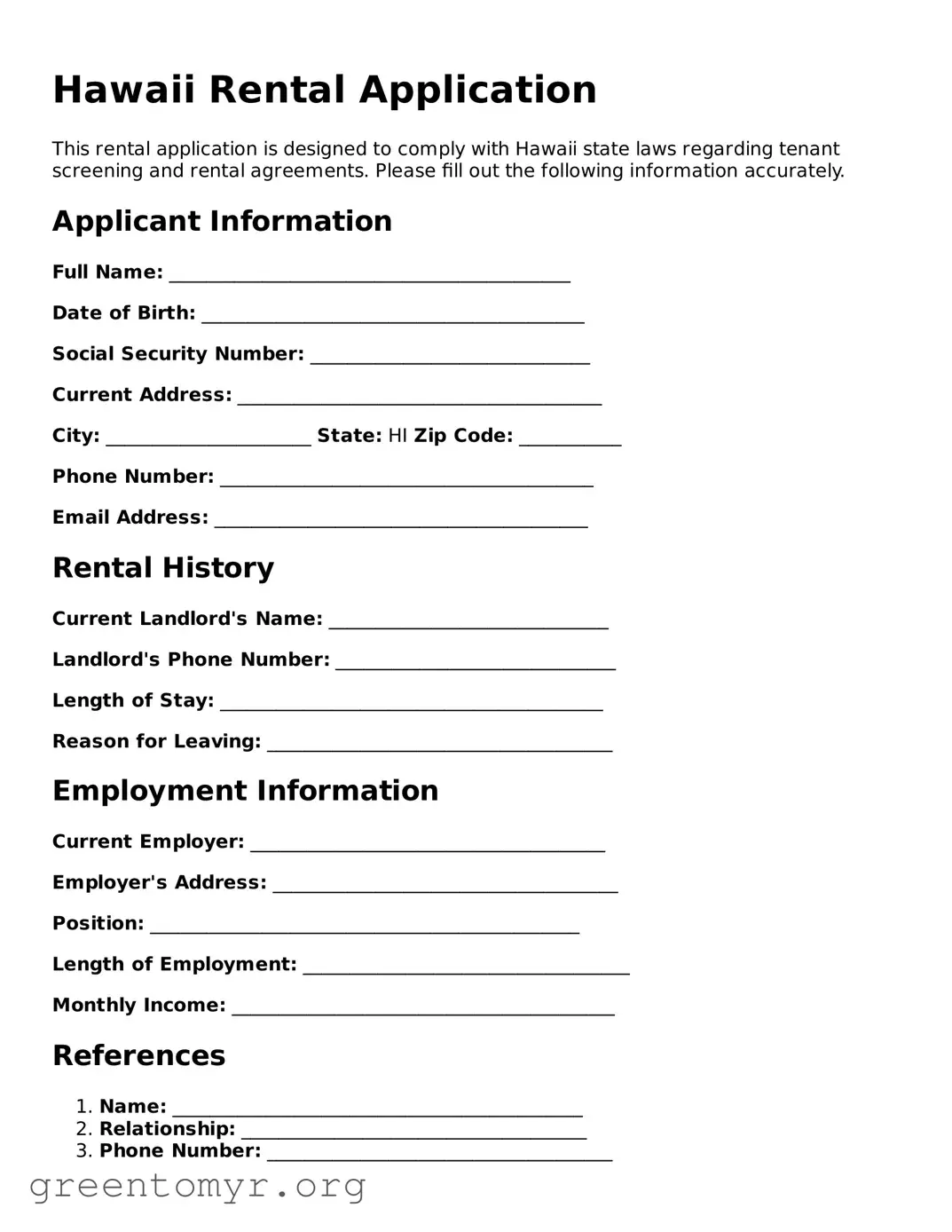 Rental Application Form for the State of Hawaii