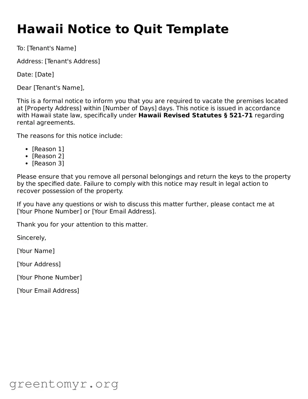 Notice to Quit Form for the State of Hawaii