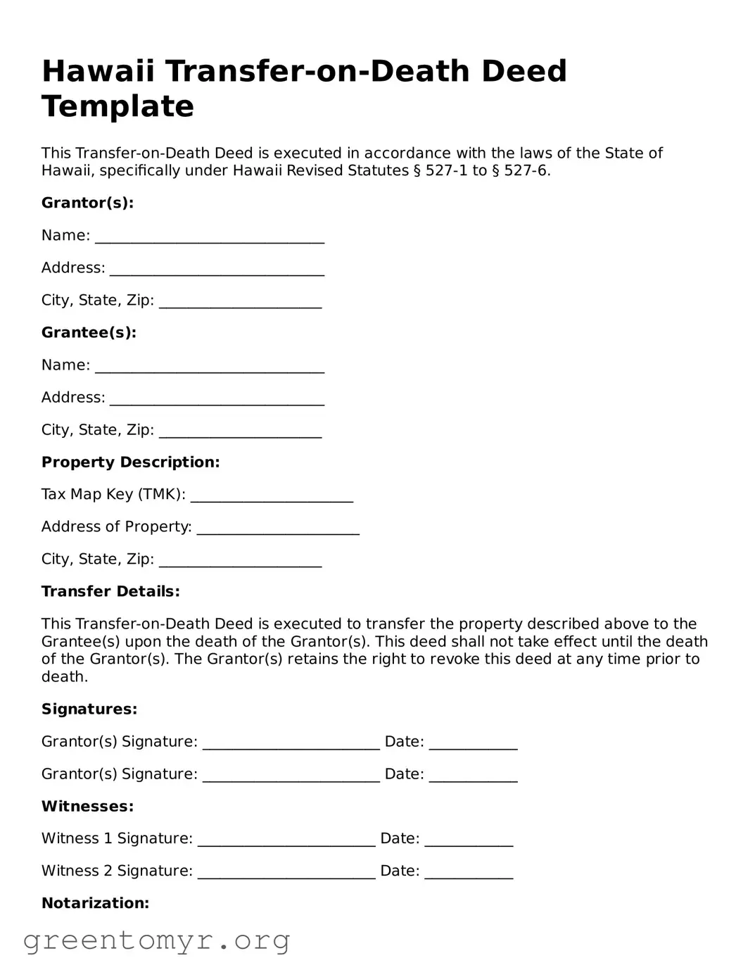 Transfer-on-Death Deed Form for the State of Hawaii