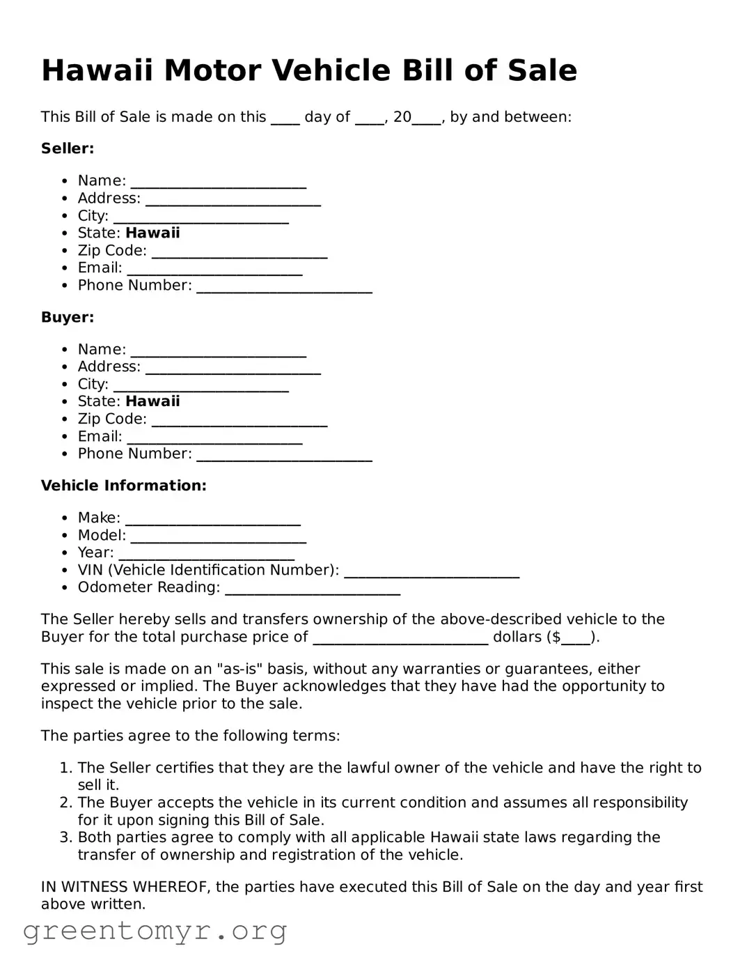 Motor Vehicle Bill of Sale Form for the State of Hawaii