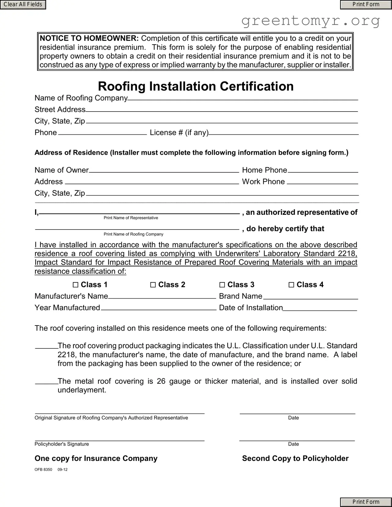 Fill in a Valid Roofing Certificate Template