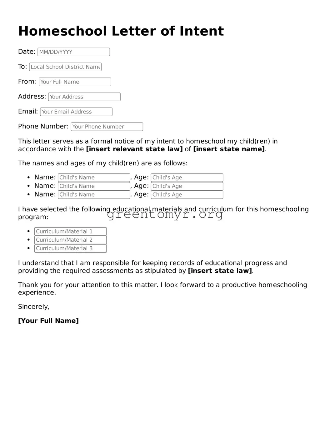 Valid Homeschool Letter of Intent Form