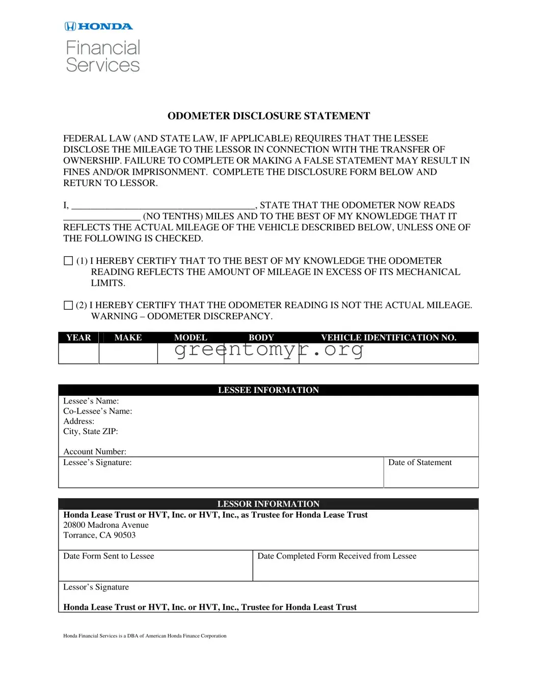 Fill in a Valid Honda Odometer Statement Template