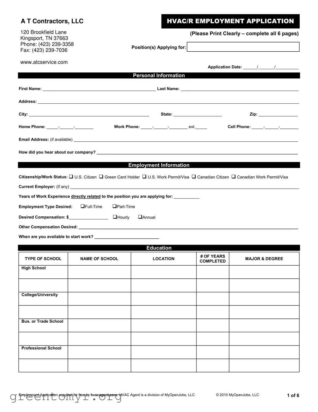 Fill in a Valid Hvac Job Application Template