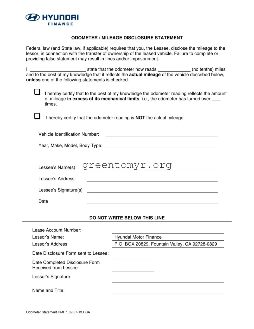 Fill in a Valid Hyundai Finance Odometer Statement Template