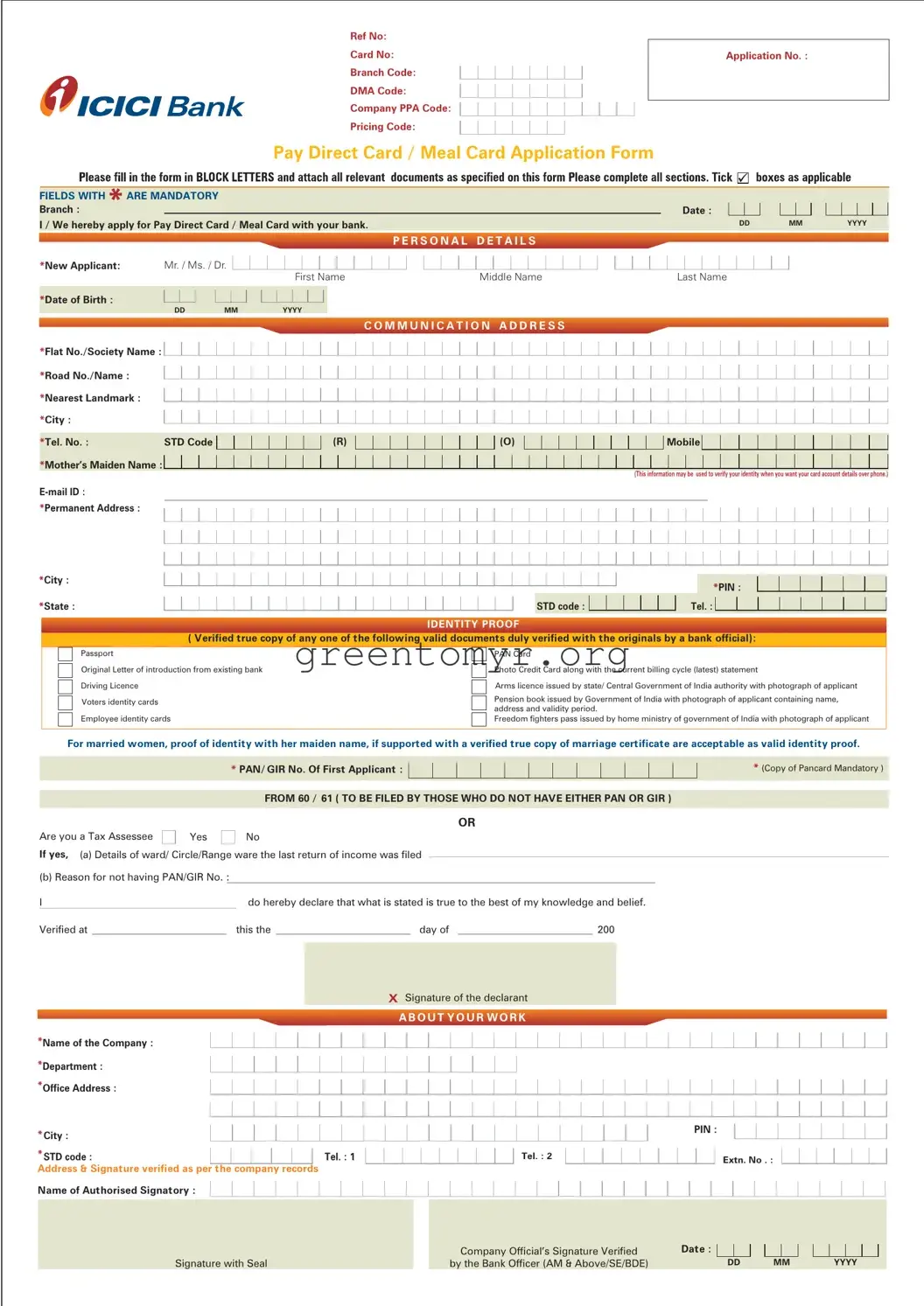 Fill in a Valid Icici Pay Direct Card Template