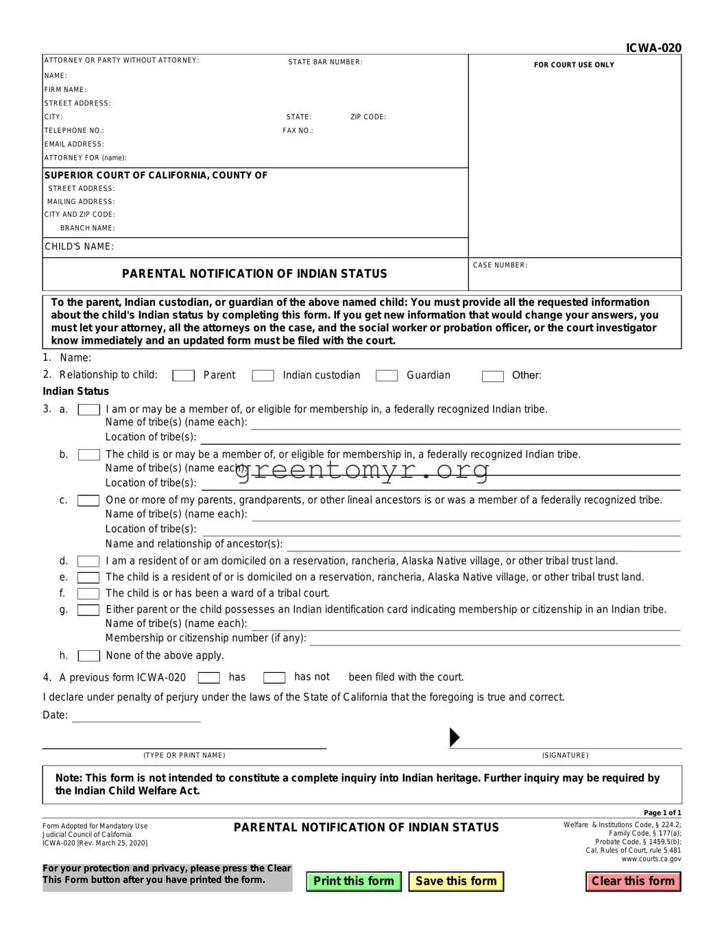 Fill in a Valid Icwa 020 Template