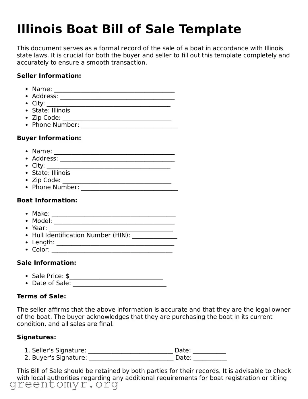 Boat Bill of Sale Form for the State of Illinois
