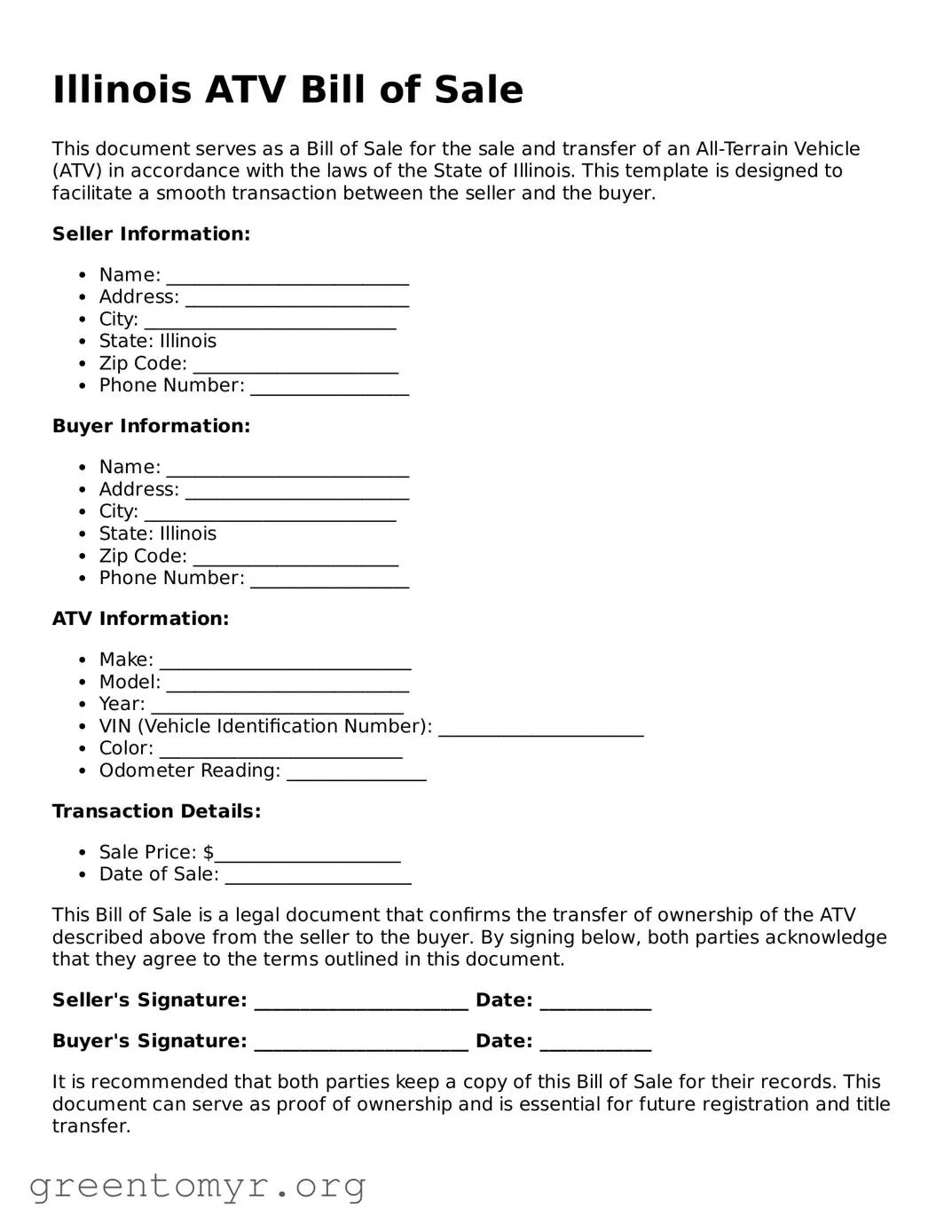 ATV Bill of Sale Form for the State of Illinois