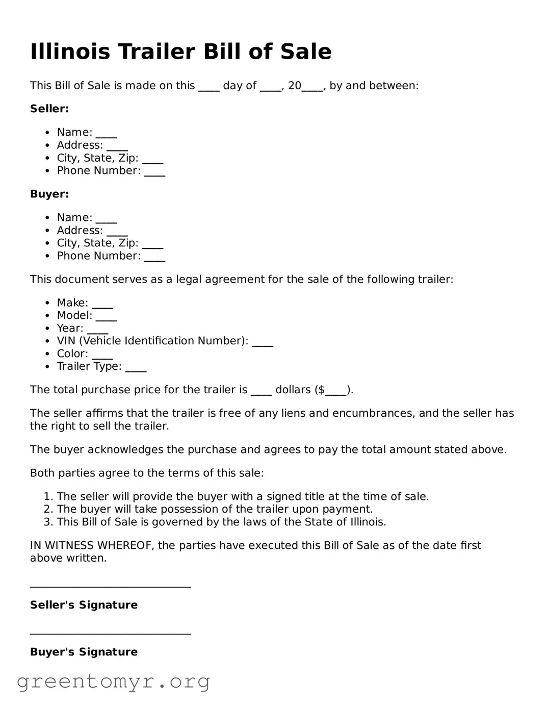 Trailer Bill of Sale Form for the State of Illinois