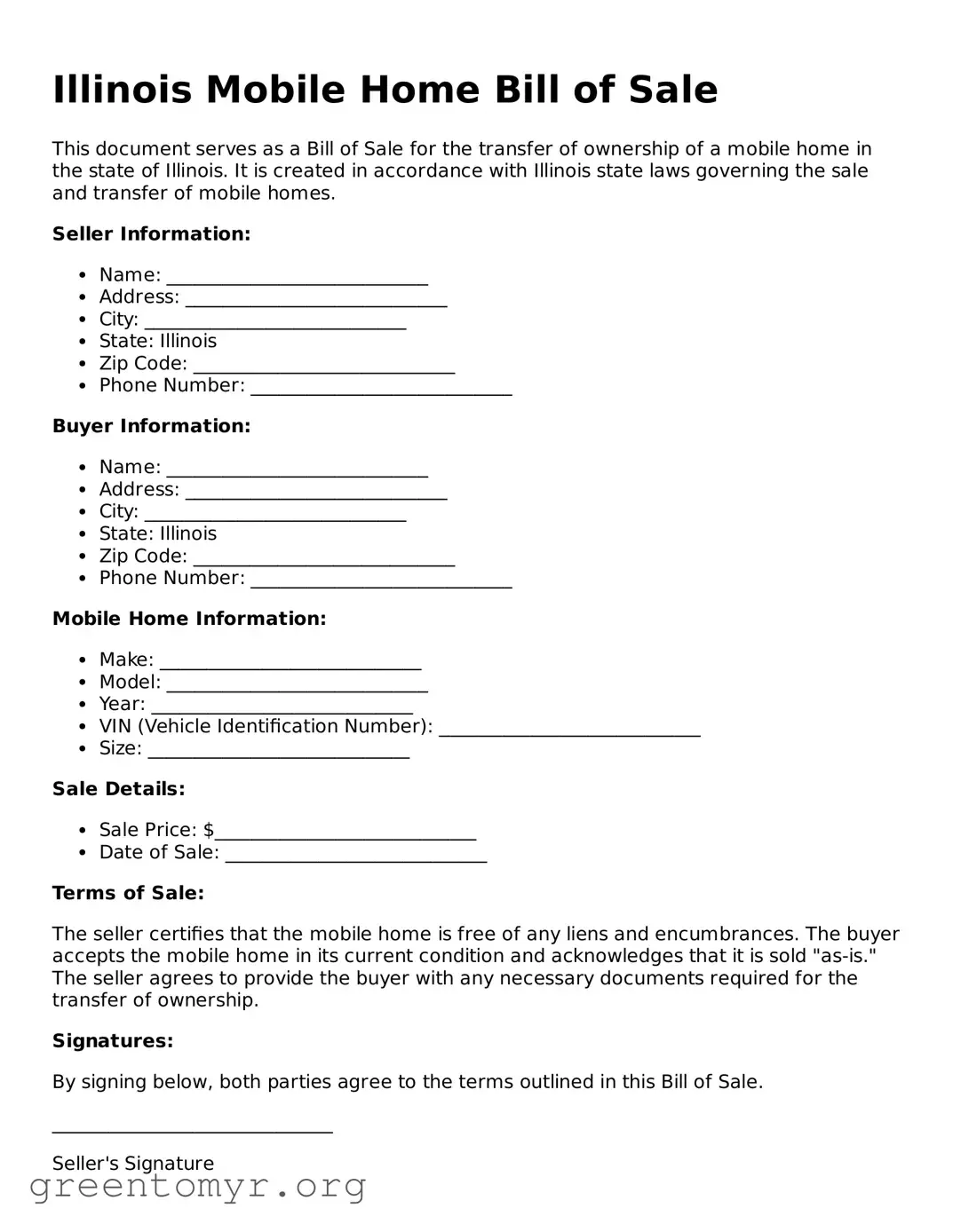 Mobile Home Bill of Sale Form for the State of Illinois
