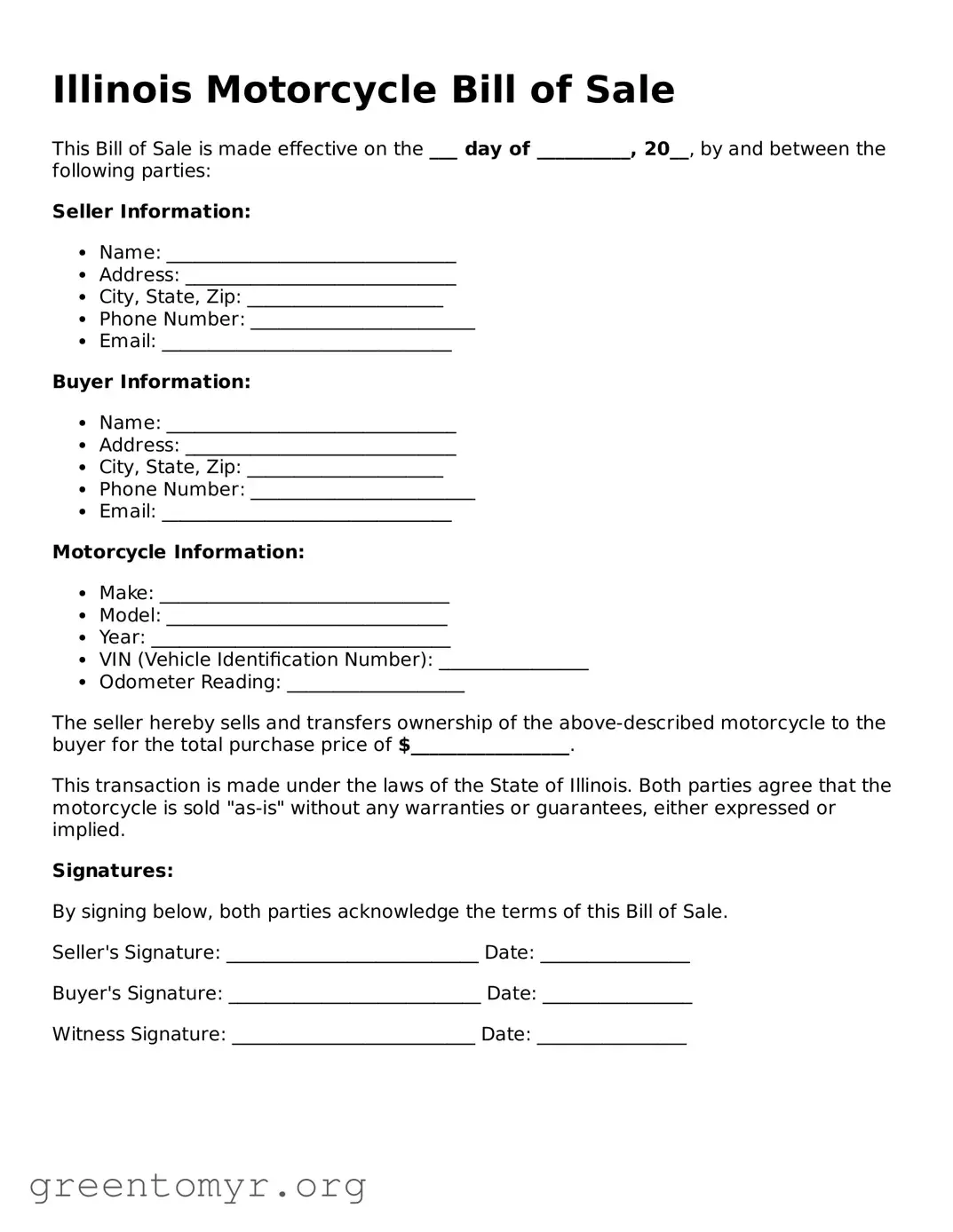 Motorcycle Bill of Sale Form for the State of Illinois