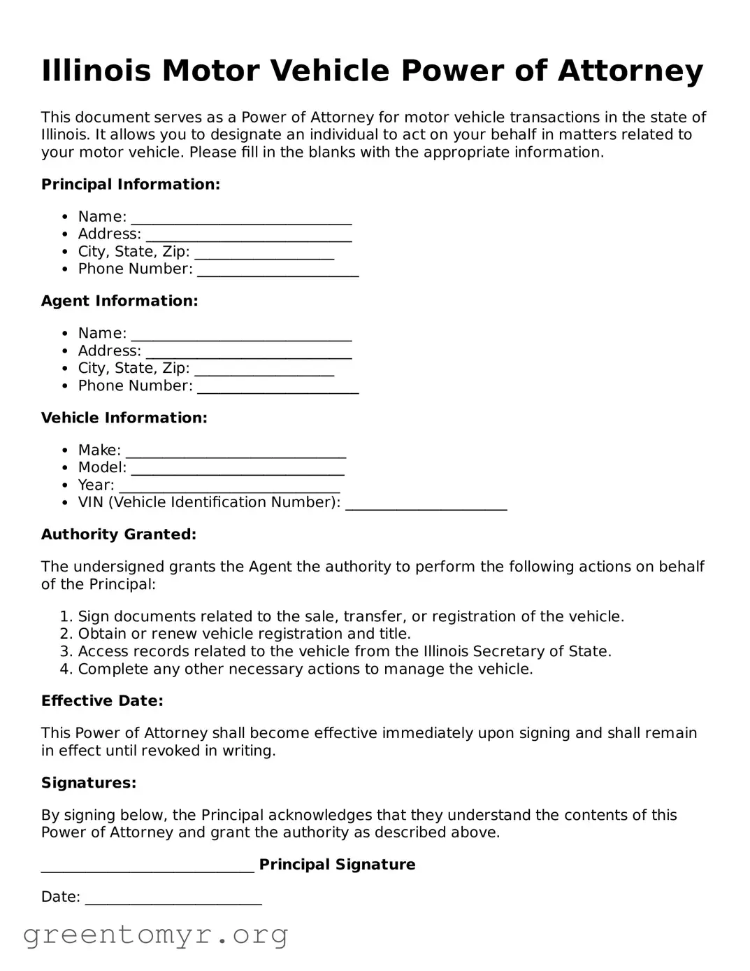 Motor Vehicle Power of Attorney Form for the State of Illinois
