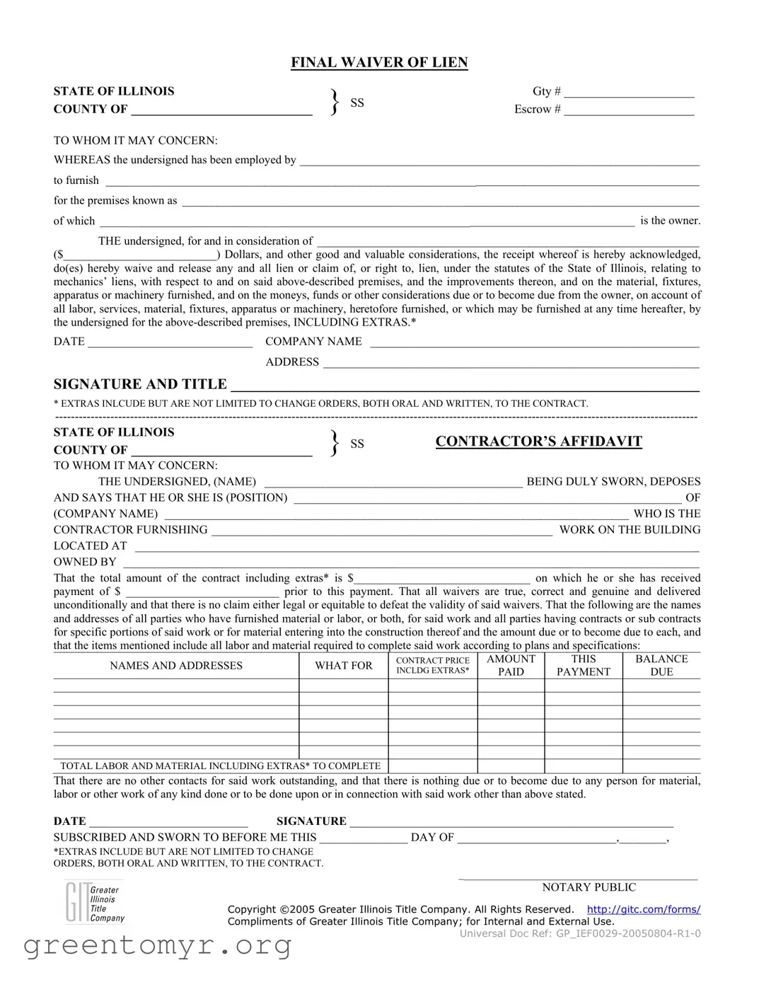 Fill in a Valid Illinois Final Waiver Of Lien Template