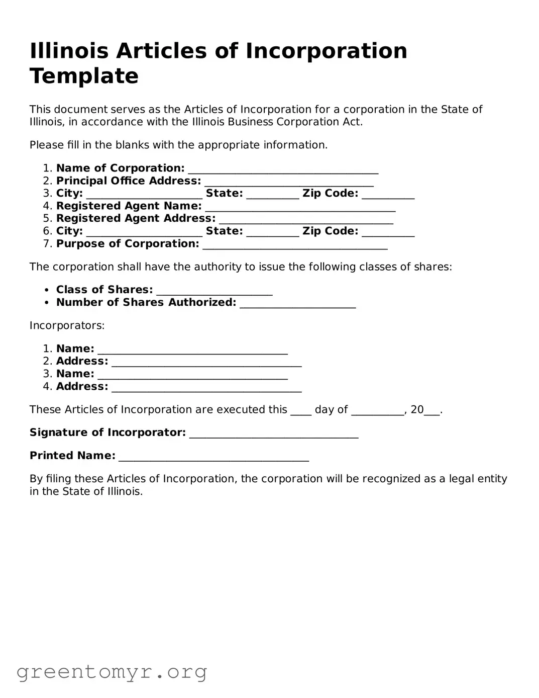 Articles of Incorporation Form for the State of Illinois