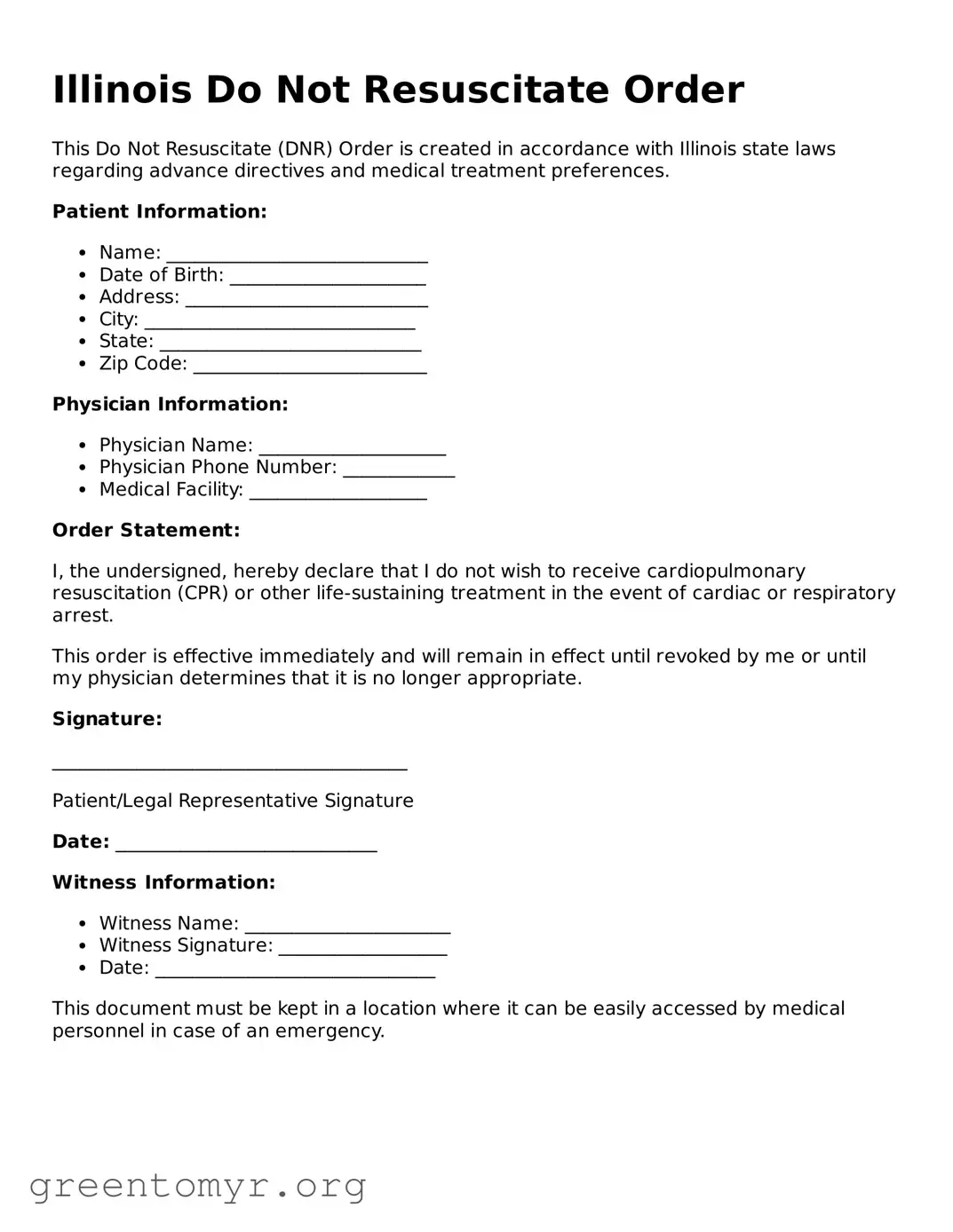 Do Not Resuscitate Order Form for the State of Illinois