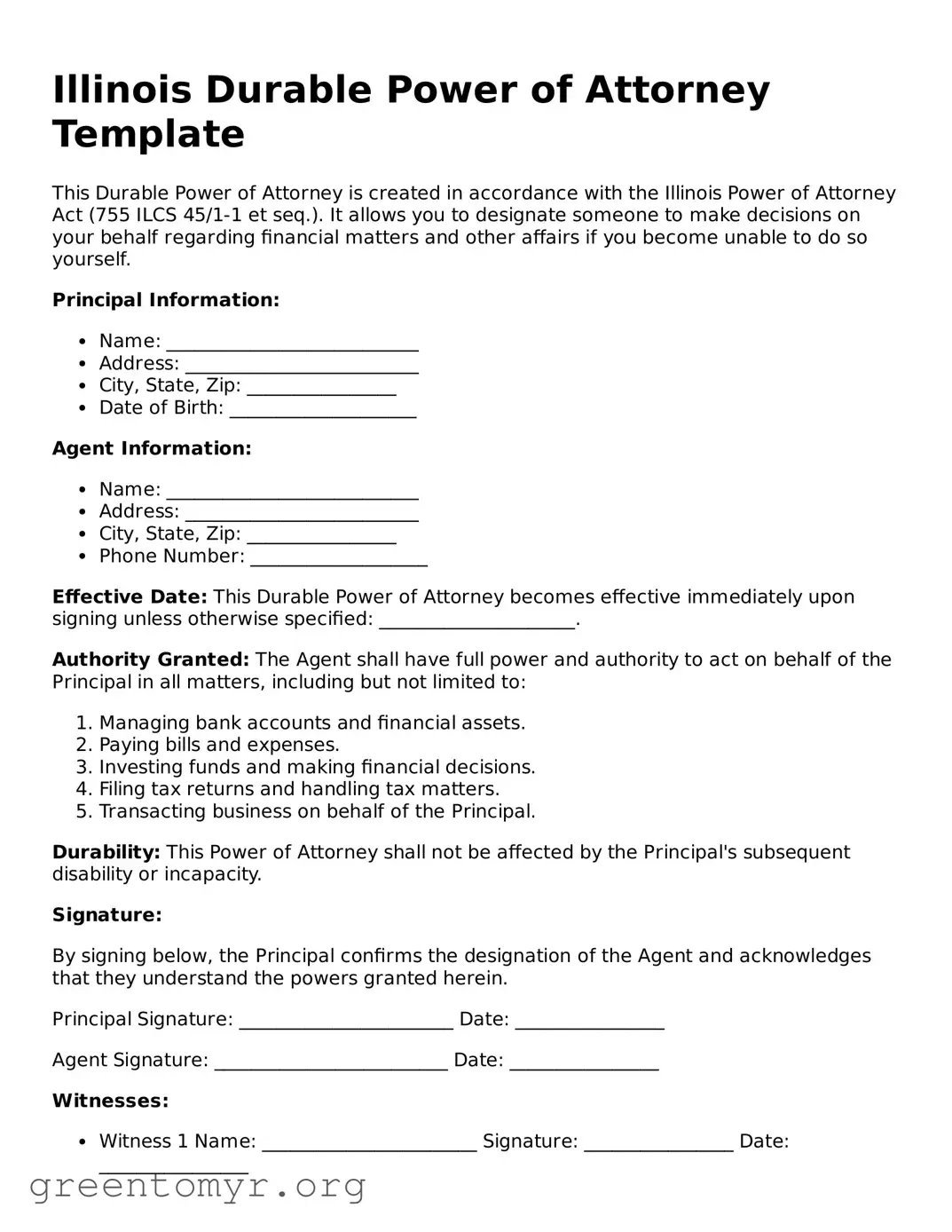 Durable Power of Attorney Form for the State of Illinois