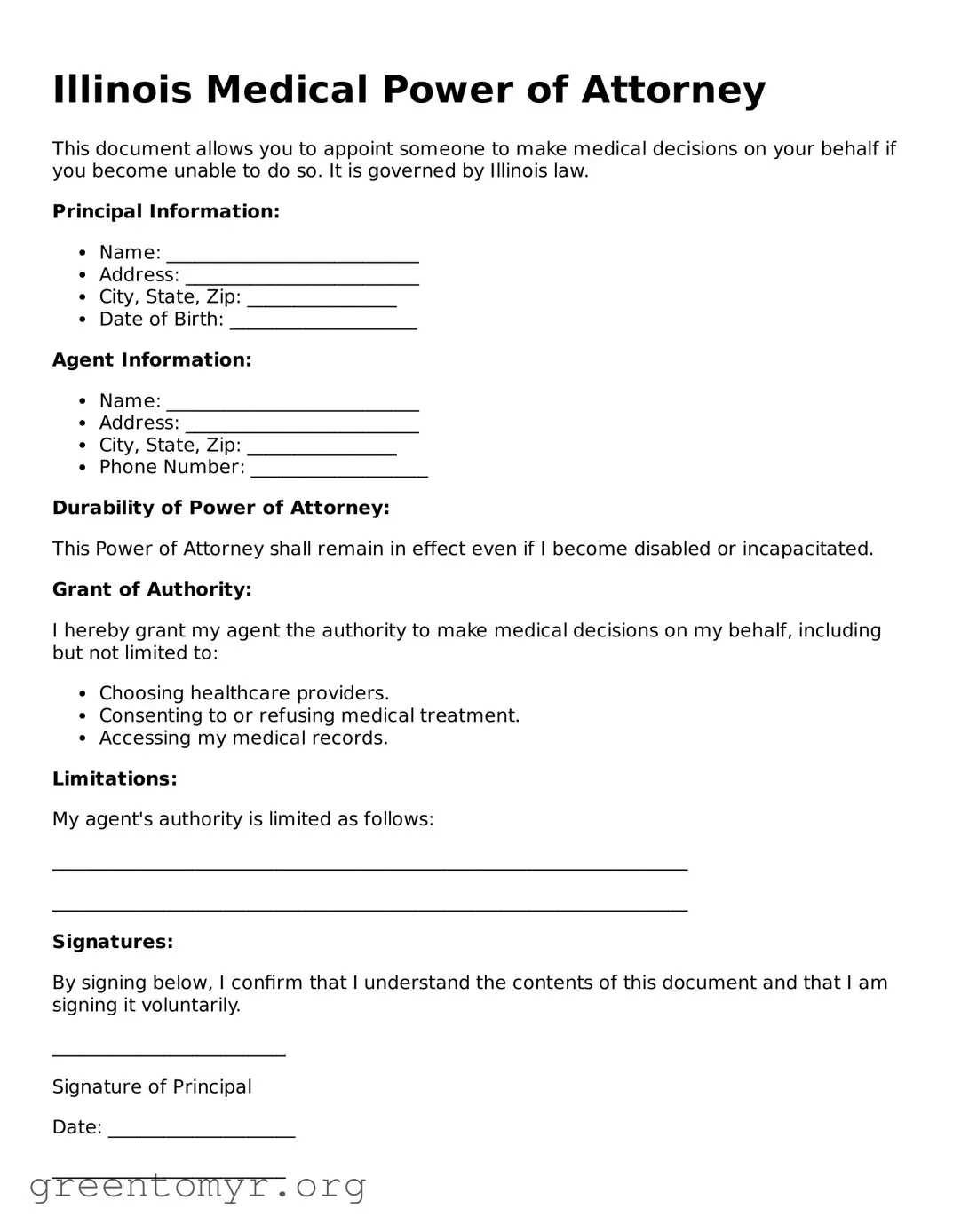 Medical Power of Attorney Form for the State of Illinois