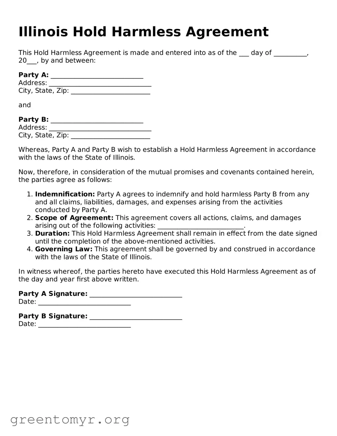 Hold Harmless Agreement Form for the State of Illinois
